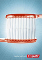 Unknown artist  #advertisement Creative ad sponsored by Colgate for selling toothpaste. I like how the toothbrushes look like the gums and teeth inside a "mouth."