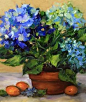 Blue Blossom Hydrangeas and Oranges and Some Happy News in the Studio, painting by artist Nancy Medina