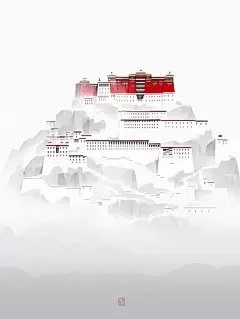 布达拉宫被白色浓雾包围，佛教禅宗平面插图海报