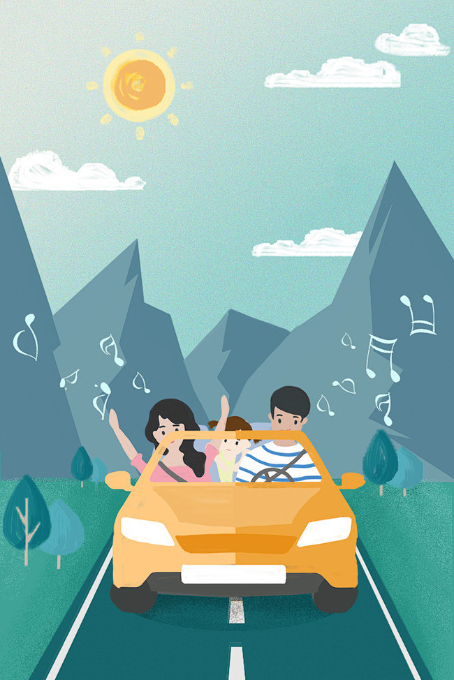 一家人野外春游驾车山水户外扁平手绘插画
