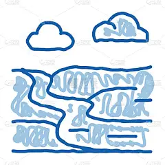 河流景观在乡村涂鸦图标手绘插图