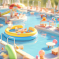 miniature, Super cute clay world,Summer villa pool isometric view, cute clay freeze frame animation, Pools, rings, people, swimsuits, toys,tilt shifting, excellent lighting, volume, landscape, brush rendering, 3D, super detail--ar 3:4