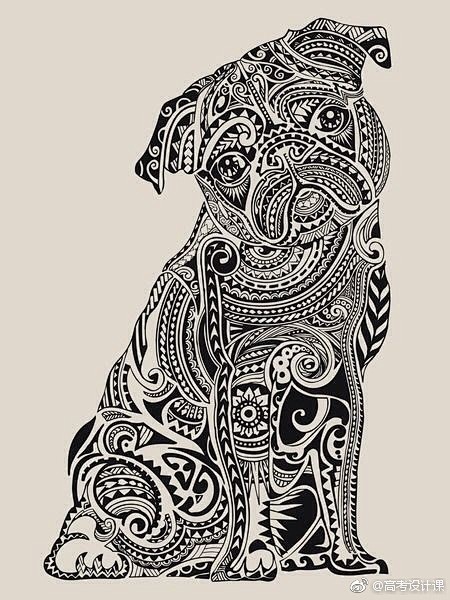 一组可爱的狗狗，黑白缠绕画，via：高考...