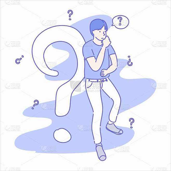 问题的概念。人在思考，有问题。手绘扁平人物风格。
