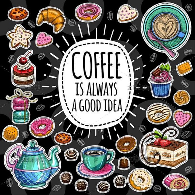 EPS格式手绘卡通插画咖啡店烘焙面包海报...