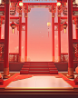 An asian palace with a red stage, in the style of minimalist backgrounds, colorful moebius, 8k 3d, romantic illustrations, richly detailed backgrounds, confessional, outdoor scenes