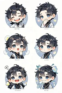 Q版画风，萌系，简约风，高级感，梦幻感，一个水墨小男主图片，可爱画风，表情分别为大笑，淘气，捂嘴，疑惑，委屈，伤心。纯白背景，表情包设计，超高清，超细节，灯光明亮。