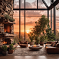 00403-668905767-best quality,masterpiece,8k wallpaper,Fireplace,indoors,floor-to-ceiling windows,potted plant,log table,sunset,streamline,_lora_