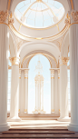 an elegant interior design with columns and arches, in the style of light white and gold, 32k uhd, classical portraiture, bryce 3d, ethereal minimalism, architectural focus, rococo pastel