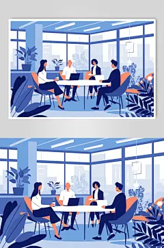 AI数字艺术扁平风企业办公室团队协作场景插画-众图网