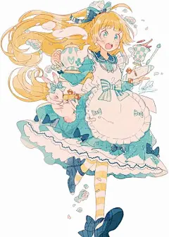 人物绘画，蓝色系可爱的卡通动漫女孩，细节画的超棒