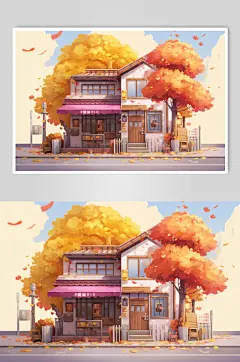 AI数字艺术小卖部落叶手绘建筑秋季插画