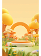 3D rendering, cute cartoon style background image, minimalist style, with a circular stage in the middle of the picture, unobstructed platform, surrounded by cute cartoon trees, small bees, mushrooms, orange yellow color tone, c4d modeling, OC renderer, h