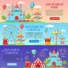 游乐园横幅。有趣的节日景点, 孩子旋转木马和摩天轮吸引横幅背景向量例证