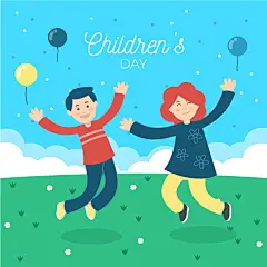 蓝绿色素雅高端大气儿童节矢量插画