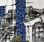 江南蓝花布，一种广泛流行于江南民间的古老手工印花织物。史载宋元之际江南桐乡蓝印花布极为繁荣，形成了：织机遍地，染坊连街，河上布船如织的壮观景象，是专属于江南水乡的一抹蓝。| 曹舒天《水乡蓝花布水墨画》