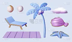 关于海滩元素的3D说明。套装包括珍珠、沙滩游憩者、垫子、棕榈树、云彩、贝壳和海星