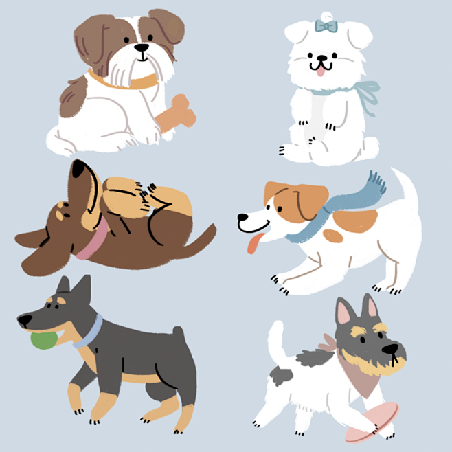 four dogs with diffe...