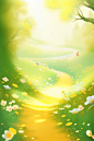 a yellow road to a forest with flowers and butterflies, in the style of light emerald and white, animated gifs, airbrush art, childlike innocence and charm, ferrania p30, windows vista, cute cartoonish designs