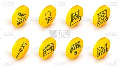 设置直线滑板公园，足球目标与球，跳跃蹦床，玩具马，攀爬墙，挂在绳子上的汽车轮胎，球拍和轮滑图标。向量