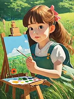 吉卜力风草地上画画的女孩AI数字艺术
