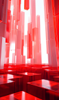 a floor of red tiles, in the style of futuristic sci-fi aesthetic, transparency and lightness, columns and totems, light white and white, minimalistic abstract compositions, glass sculptures, cryengine