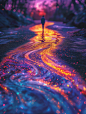 a colorful liquid with waves in it, in the style of cosmic inspiration, fantastical street, pointillist artwork, Star Art Group (XING XING), a person Walking alone in this fantastic landscape, UHD images, Luminous particle, blink-and-you-miss-it detail, s