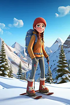 冬季户外3D插画滑雪滑冰人物模型