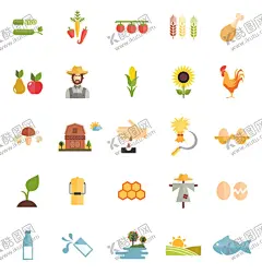 扁平风农作物与农民矢量 【酷图网】扁平风,农作物,农民,牧场,牛奶,蜂巢,大公鸡,水果,玉米,扁平风插画,扁平风图标,图标设计,图标元素,卡通插画,手绘插画,插画设计,矢量元素,元素设计