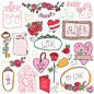 手绘彩色爱情元素矢量素材，素材格式：EPS，素材关键词：玫瑰花,标签,情人节,爱情