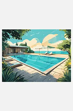 扁平风夏季游泳池插画AI数字艺术