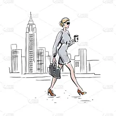 女商人去工作。特大城市。矢量手绘插图。
