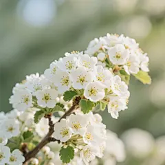 生成高清多朵山楂花图片，画面中密集分布的白色山楂花簇拥绽放，淡黄色花蕊清晰可见，搭配嫩绿叶片，背景为浅景深自然环境，整体清新明亮。