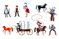 Wild west characters set western american people cowboy with lasso man with wagon acrt sheriff indian man woman with rifle and girl on white background