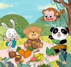 儿童绘本风格 卡通简笔画 童话故事 兔子 森林