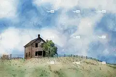 房子 建造 弃 小山 树 栅栏 围栏线 天空 云 乡村的