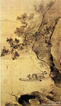 #山水画#【 明 张路 《溪山泛艇图》 】绢本设色，165.8×97.5cm，上海博物馆藏。 此图写远山隐约起伏，近岩苍松虬屈盘空，水鸟低掠于明净溪面，景色清旷雄奇，其间有一士人泛舟于溪山之间，他遥望江中，如痴如醉，清幽，典雅。笔墨坚实浑厚，但有清空之意韵，把浙派遒劲纵肆绘画风格展现得淋漓尽致。