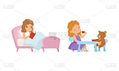 听话的女孩与良好的教养玩泰迪熊和阅读书籍在床向量集合