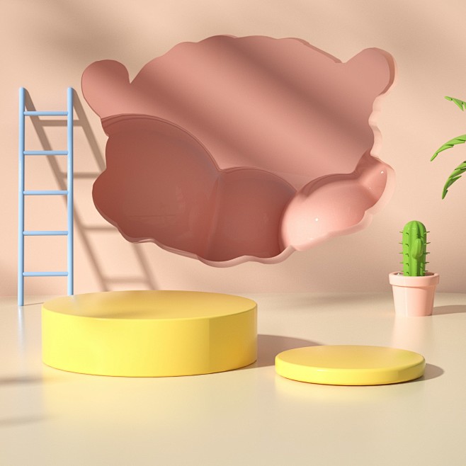 C4D建模场景搭建卡通暖色系粉色黄色植物...