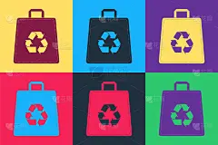 Pop art Paper shopping bag with recycle icon isola