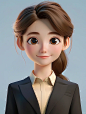 A young female customer service cartoon avatar, with business suit and shirt. The rendering style is in the style of c4d, with a white background and strong light source. It has a high definition resolution, 3D effect, bright colors, and a professional il