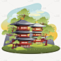 地形,日本,两只动物,温柏,桃树,杏树类,天空,艺术,无人,绘画插图