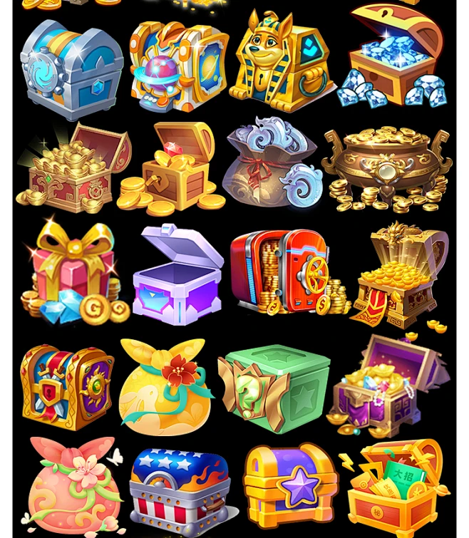 游戏UI宝箱图标时尚3D立体潮流Q版黄金卡通风格宝箱免抠图片素材-淘宝网-花瓣网