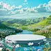 3d cartoon style. A simple circular stage is placed on a grassland with water and flowers. Blue sky background. There are rolling hills in the distance. Vibrant green, fresh spring breath. The Chinese grassland. Center composition. Cartoon style, surreali