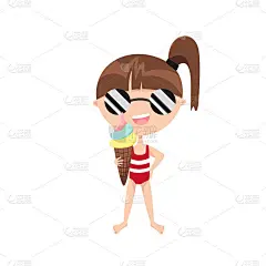可爱的小女孩正开心地吃着那一筒五颜六色的冰淇淋。有趣的夏季吉祥物角色。在海滩上度过一个很酷的假期。海