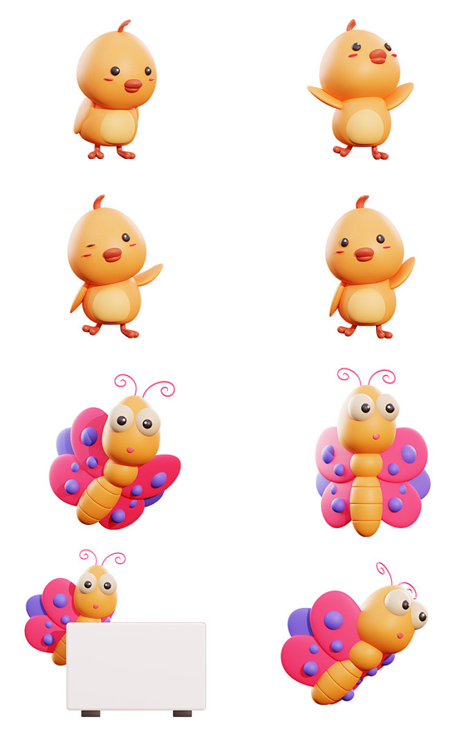 一组可爱3D立体小动物猫狗鳄鱼牛鹿插画P...