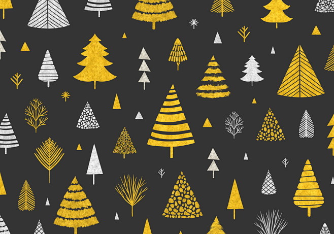 节日松树 金色元素 黑色背景 圣诞插图插...