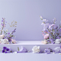 ground-scattered，scattered，A Light purple background with white and purple flowers, roses, and irises and other flowers on the right side of the picture, a large empty space in front of it for product display. The left half is a white box with a simple de
