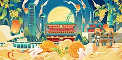 国风中秋节天津城市地标建筑矢量插画海报正版高清图片下载-视觉中国VCG.COM