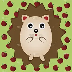 有趣的棕色的刺猬。海胆,豪猪。绿色背景，红苹果。